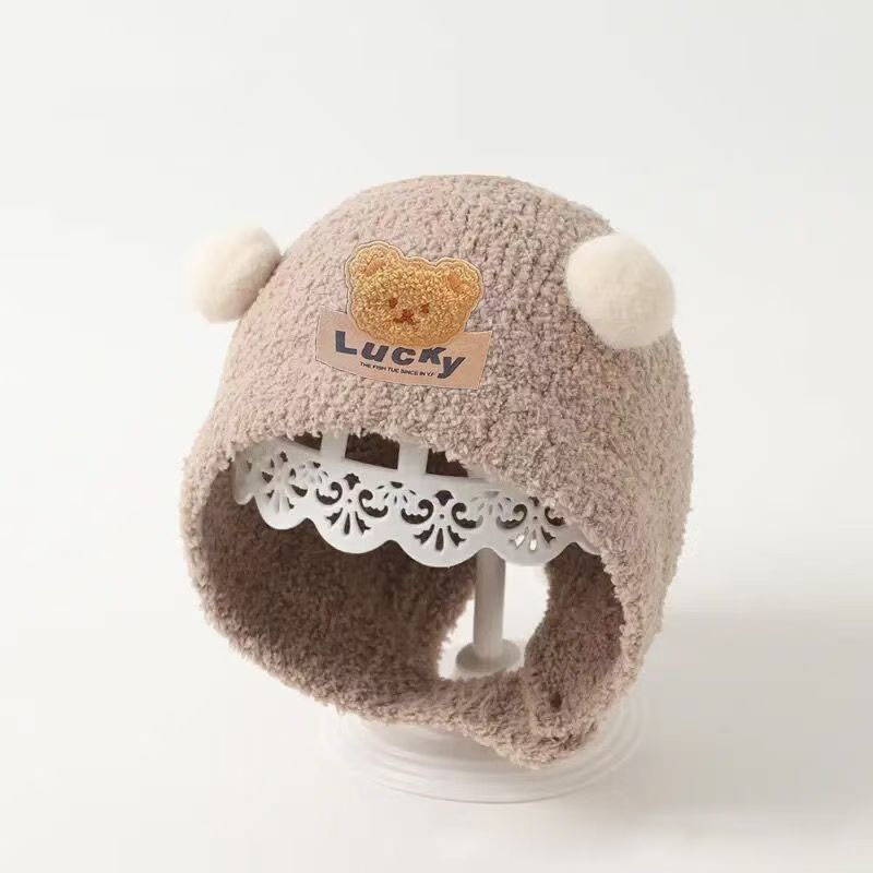 Knit Beanie Hat Warm - Niedliche Bären-Baby-Ohrenschutzkappe, Winter-Warme Plüsch-Dicke Samt-Kopfbedeckung, Mütze