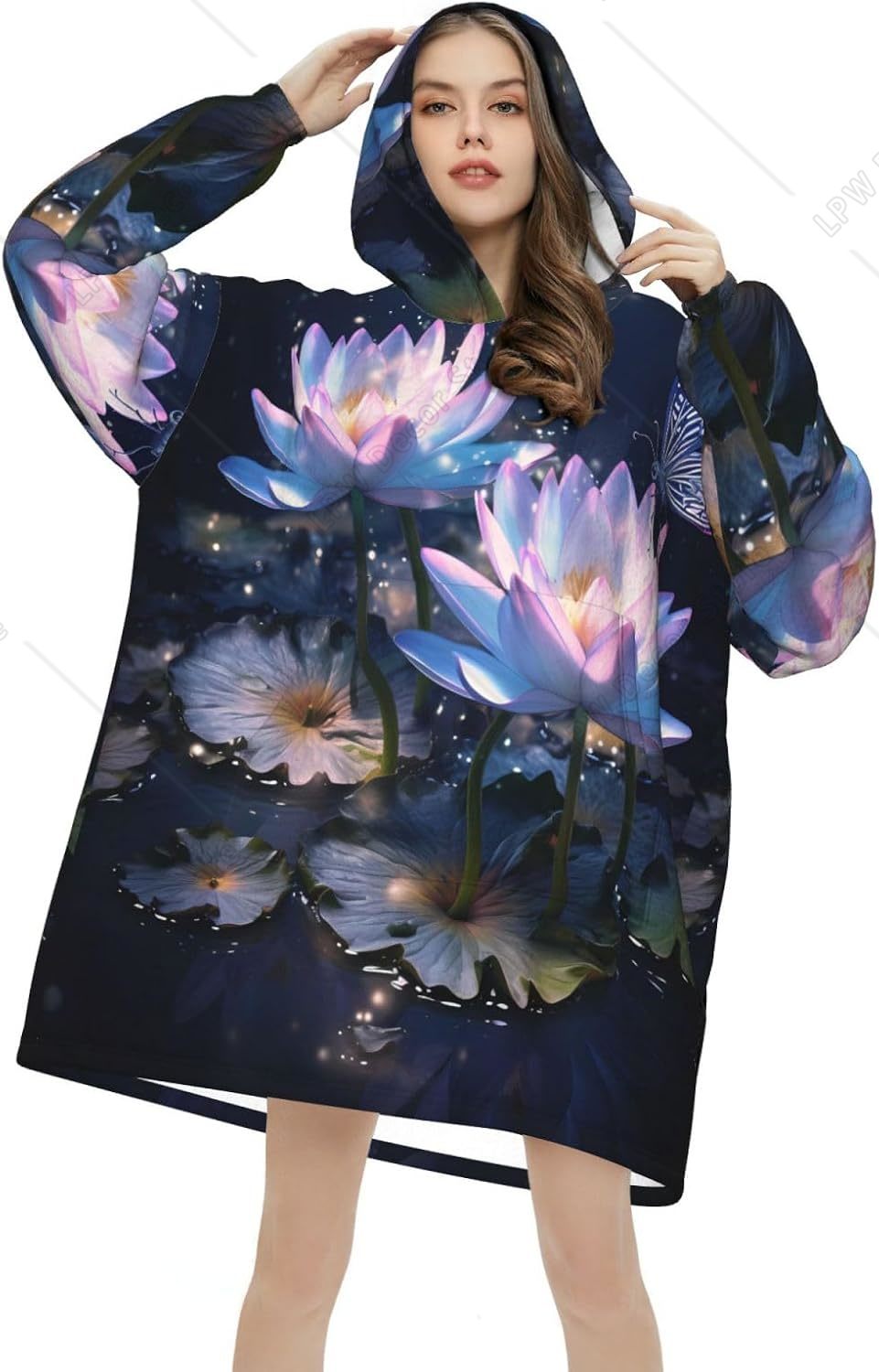 Sherpa Hoodie Fleece - Fantasy-Wasserlilien Tragbare Decke mit Kapuze, Lotus-Schmetterling